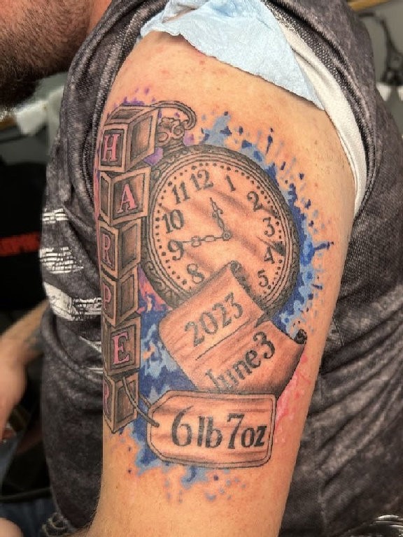 Birth Clock and Blocks Tattoo Color watercolor birth clock tattoo with alphabet blocks and date by Marks Art LLC in Rapid City, South Dakota