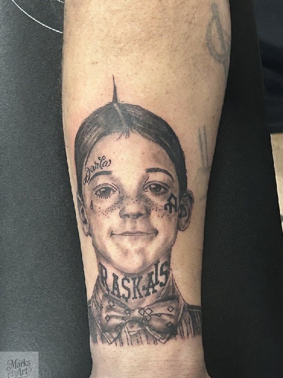 Alfalfa Little Rascals Portrait Realistic Alfalfa portrait tattoo with "Rascals" tattooed on his neck ''by Mark's Art LLC in Rapid City.